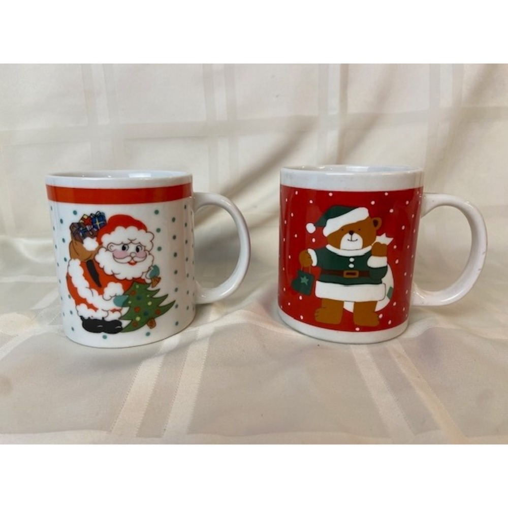 Vintage Christmas Mugs Set of 2 Santa Claus Teddy Bear Ceramic Coffee Cups Red